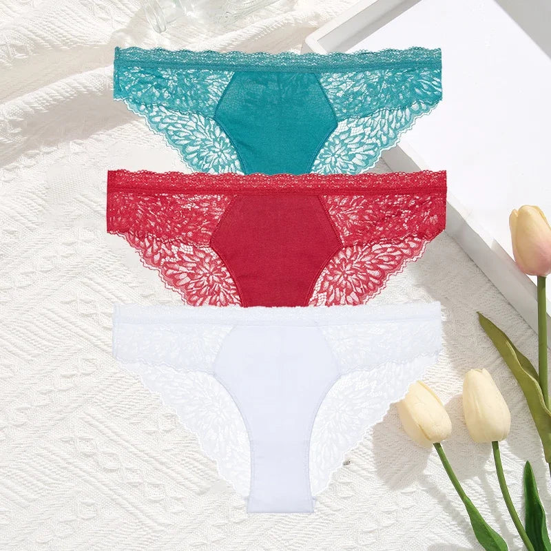3Pcs/Set Seamless Lace Women Panties Transprant Hollow Out Low Waist Briefs Female Solid Soft Breathable Lingerie Underwear