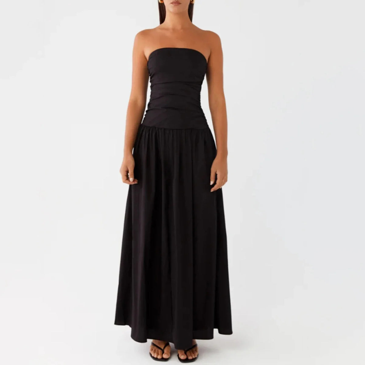 Elegant Strapless Maxi Tube Dress Women Ruched Long Sundress Boat Neck Sleeveless Strapless Flowy Dresses Party Clubwear