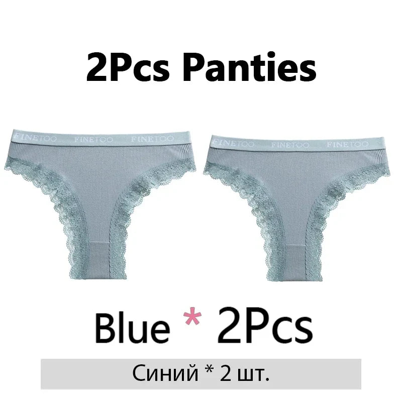 FINETOO 2Pcs/Set Women Cotton Brazilian Panties Plus Size M-2XL Lingerie Sexy Lace Underwear Low Rise Girls Intimates Underpants