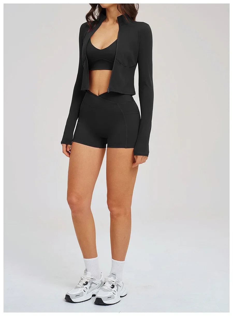 New 3 Pieces Yoga Set Women Workout Sportswear Gym Clothing Fitness Long Sleeve Crop Top Shorts Leggings Female Sport Bra Suits