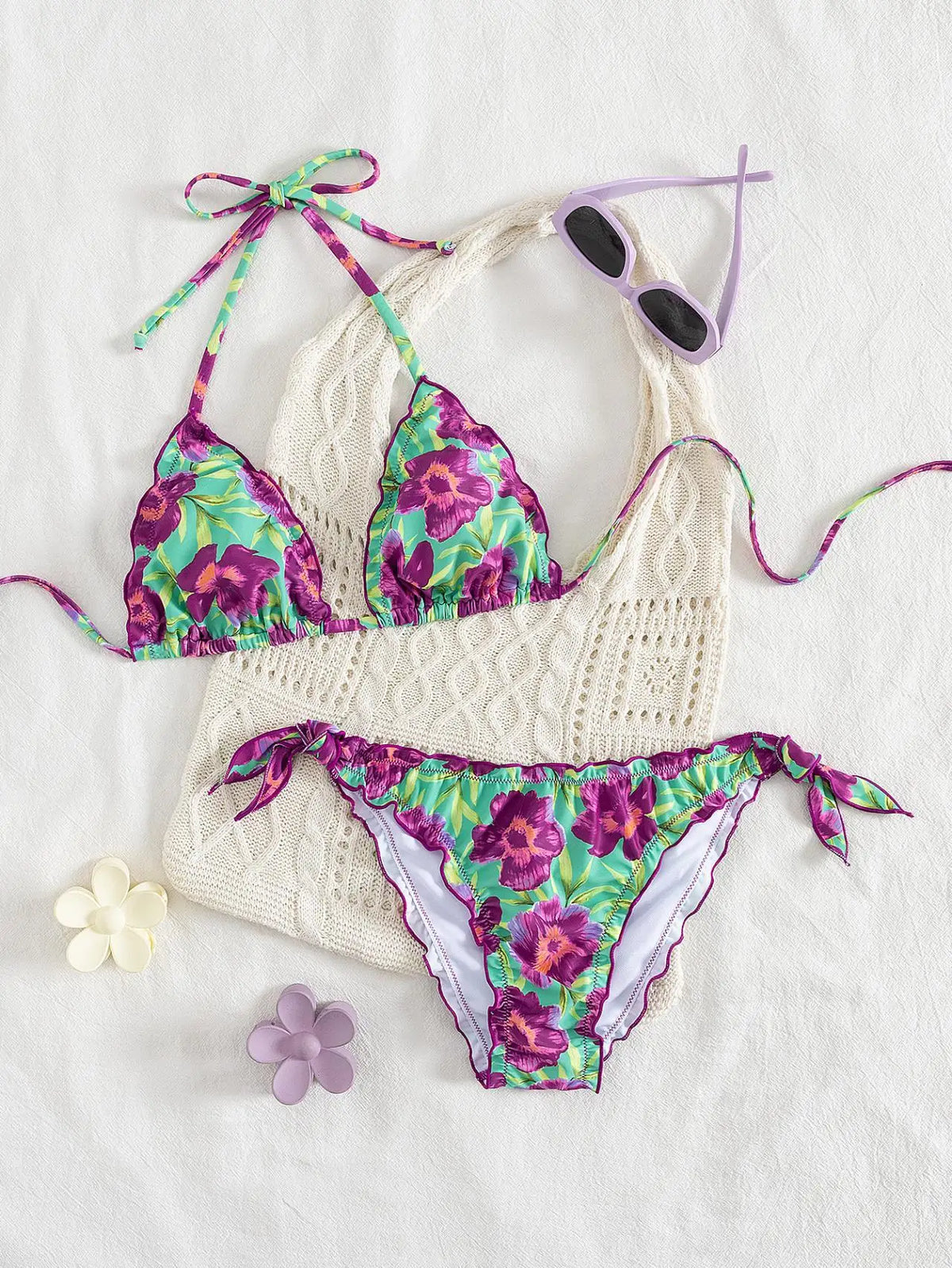 Cute Orange Floral Print Bikini Set Women Halter Ruffles Push Up Tie Side Thong Swimsuit 2026 Summer Bathing Suit Micro Swimwear