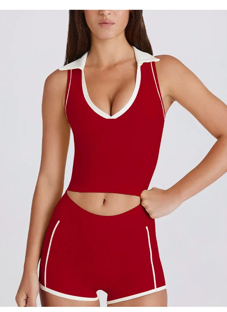 Colorblock V-Neck Tank Top with Built-In Bra Quick-Dry Breathable Sports Bra for Women Running Pilates Gym Yoga Workout