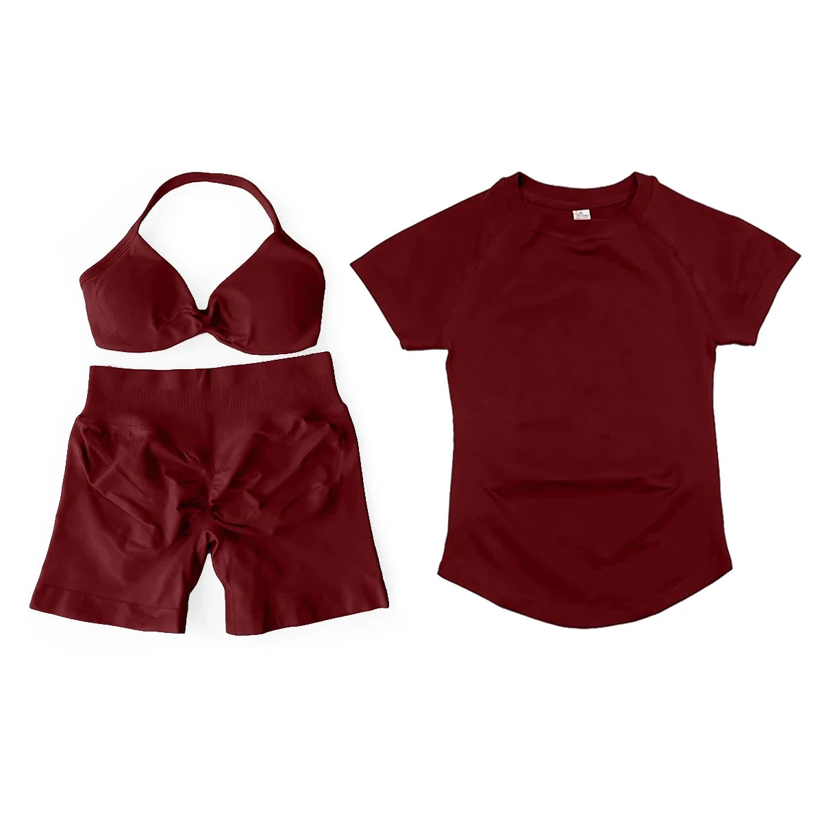 3 Pcs Gym Set Woman Short Sleeve Sport T-Shirt & Seamless Scrunch Gym Shorts & Strappy Bra Fitness Workout Suits Gym Clothing