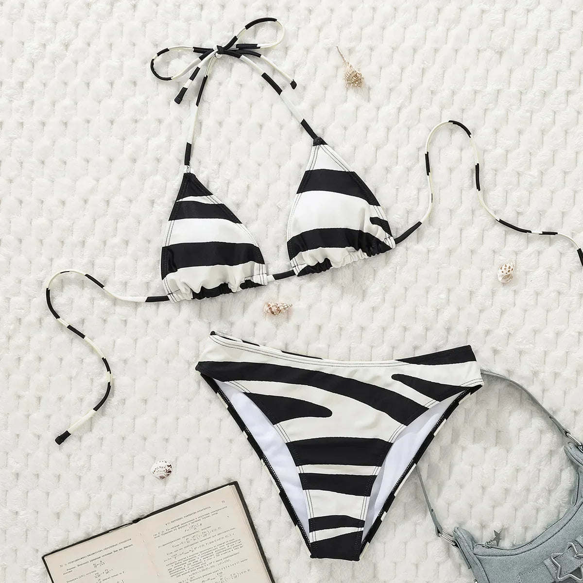2025 New Women's Black Ground White Dot Printed Swimsuit Halter Neck Low Waist Bikini Set For Summer Female Swimwear Brazilian