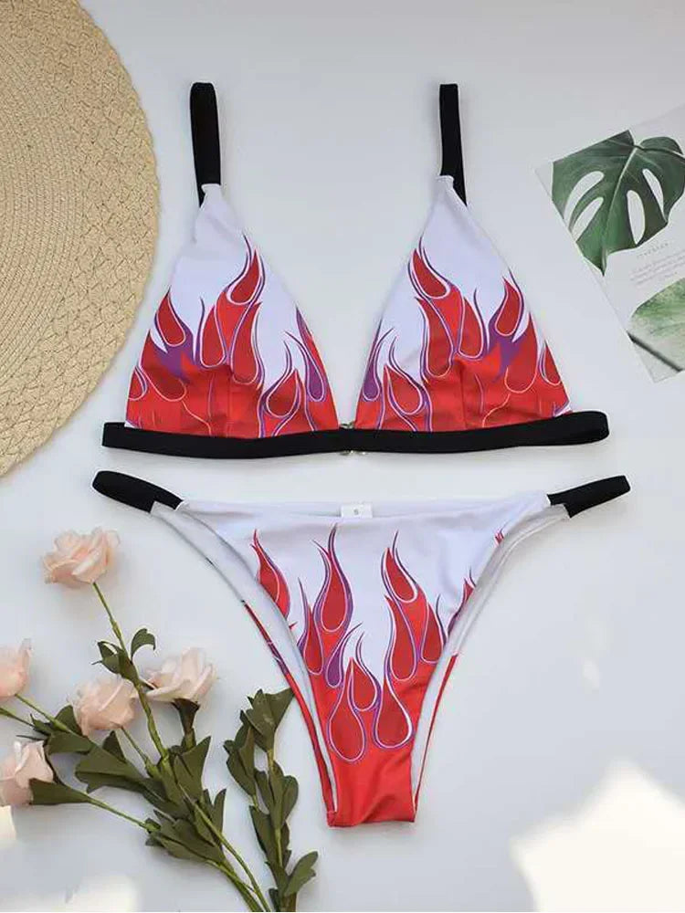 Fire Print Bikini Sexy Off Shouler Women Swimsuit Push Up Plaid Swimwear Brazilian Bikini Set Bathing Suit Trajes De Baño Mujer