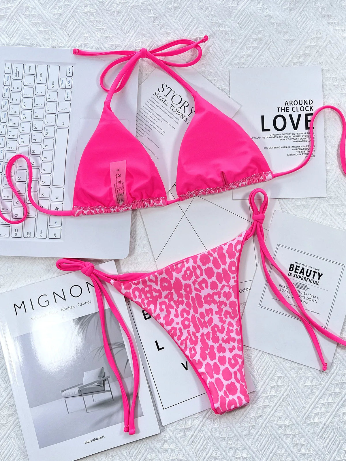 Sexy Mirco Bikini 2024 Women Neon Hot Pink Patchwork Triangle Swimsuit Beach Brazilian Bathing Suit Tie Side Thong Swimwear