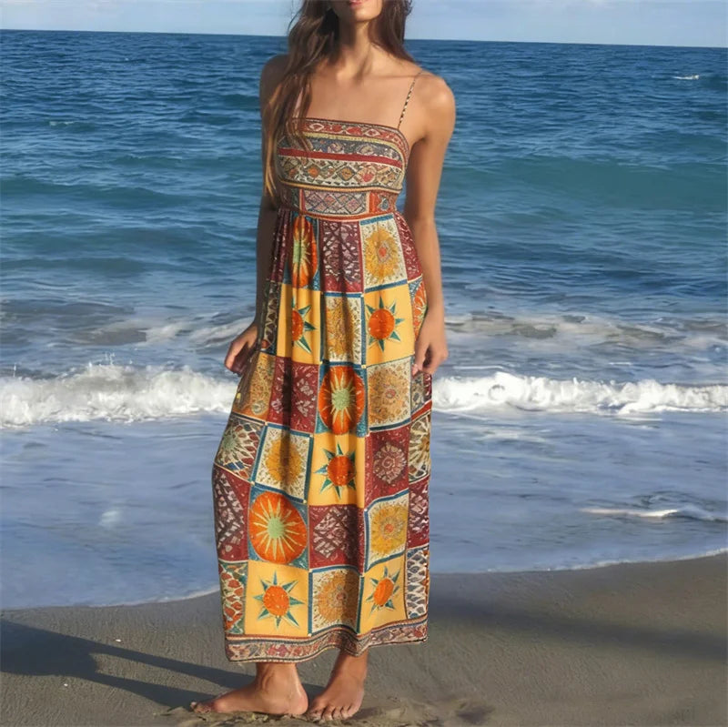 Women Floral Geometric Neck Long Party Dress Fashion Sleeveless Spaghetti Strap Dress Fashion Vacation Cocktail Flowy Sun Dress