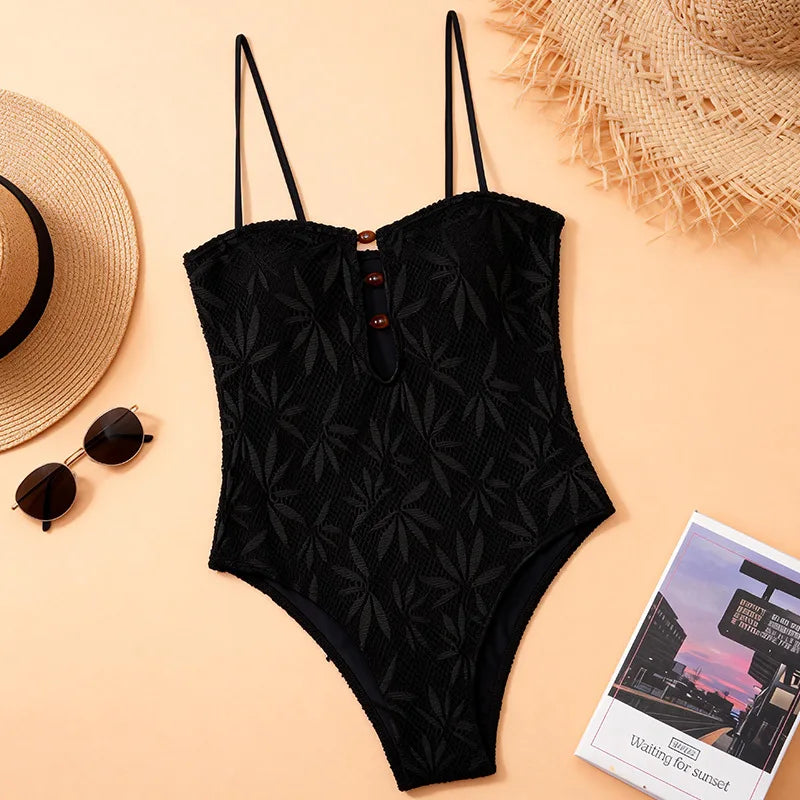 2026 Vintage Coffee Leaves Print One Piece Swimsuit Women Beaded String Hollow Out Backless Mesh Slim Fit Tummy Control Swimwear