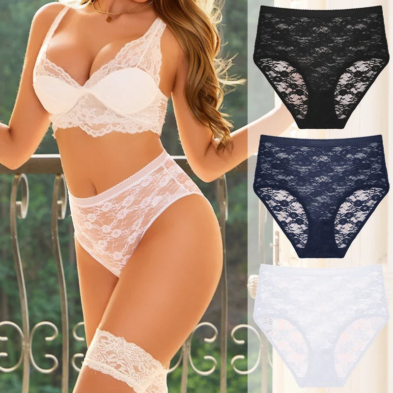 FINETOO 3PCS Women Lace Panties Sexy Hollow Underpants Sexy High Waist Lace Panty Elegant& Romantic Ladies Breathable Underwear