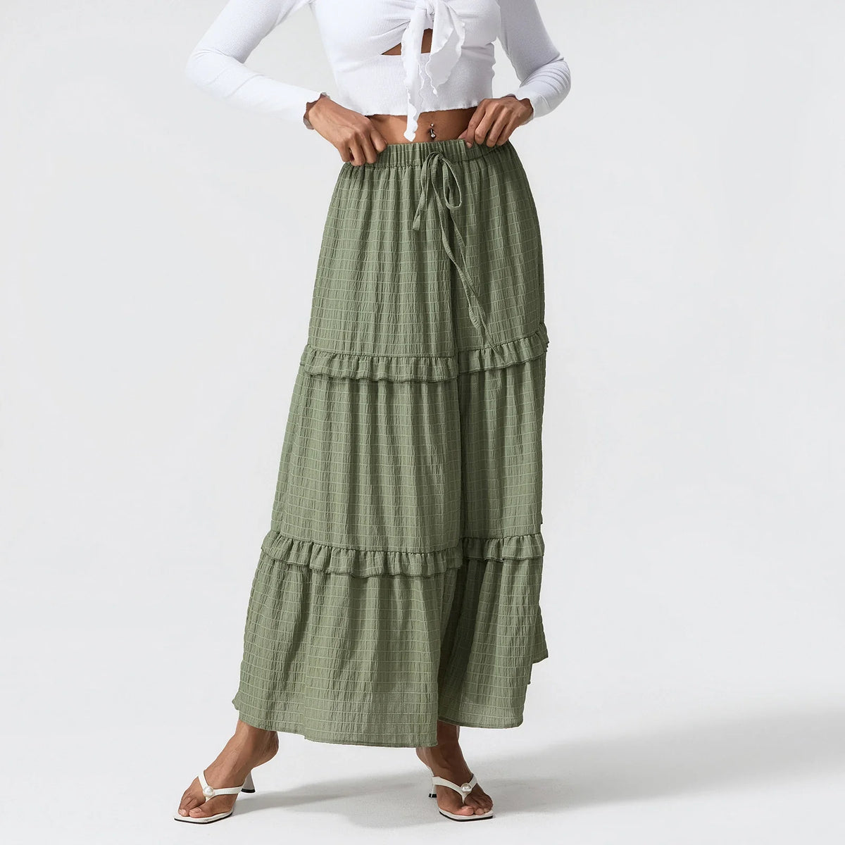 Elegant Women Long Tiered Skirt Summer Autumn Casual Ruffled Shirred Frill Trim Elastic Waist Drawstring A-Line Skirt Streetwear