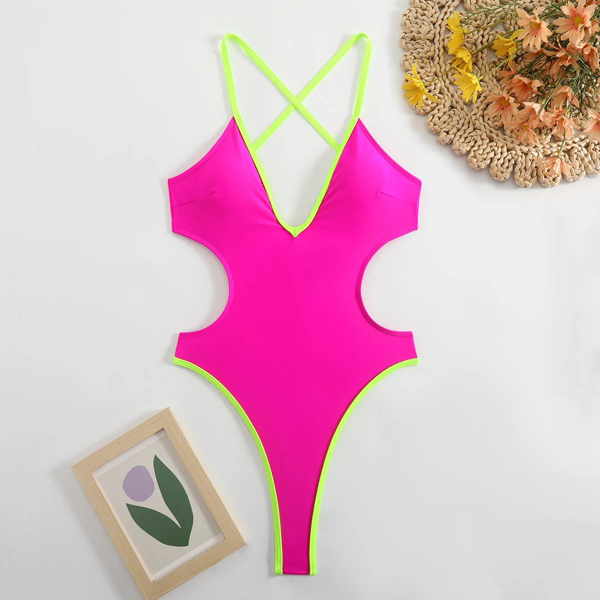 Sexy Hollow Out Backless Thong Swimwear 2026 Women Hot Pink Patchwork Deep V Neck Bandage Beach Bathing Suit One Piece Swimsuit