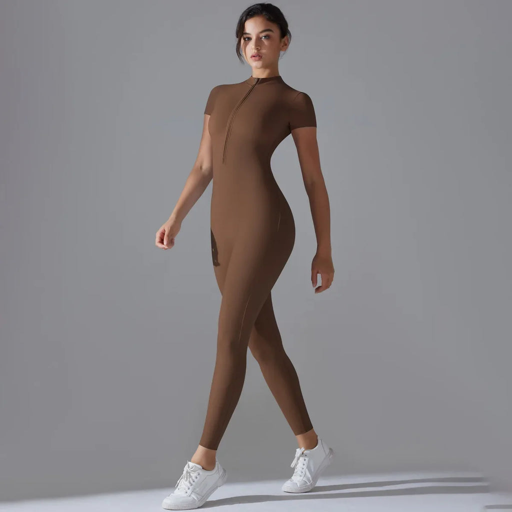 Naked zipper short sleeved yoga suit jumpsuit, quick drying breathable outdoor sports tight fitting jumpsuit, fitness suit