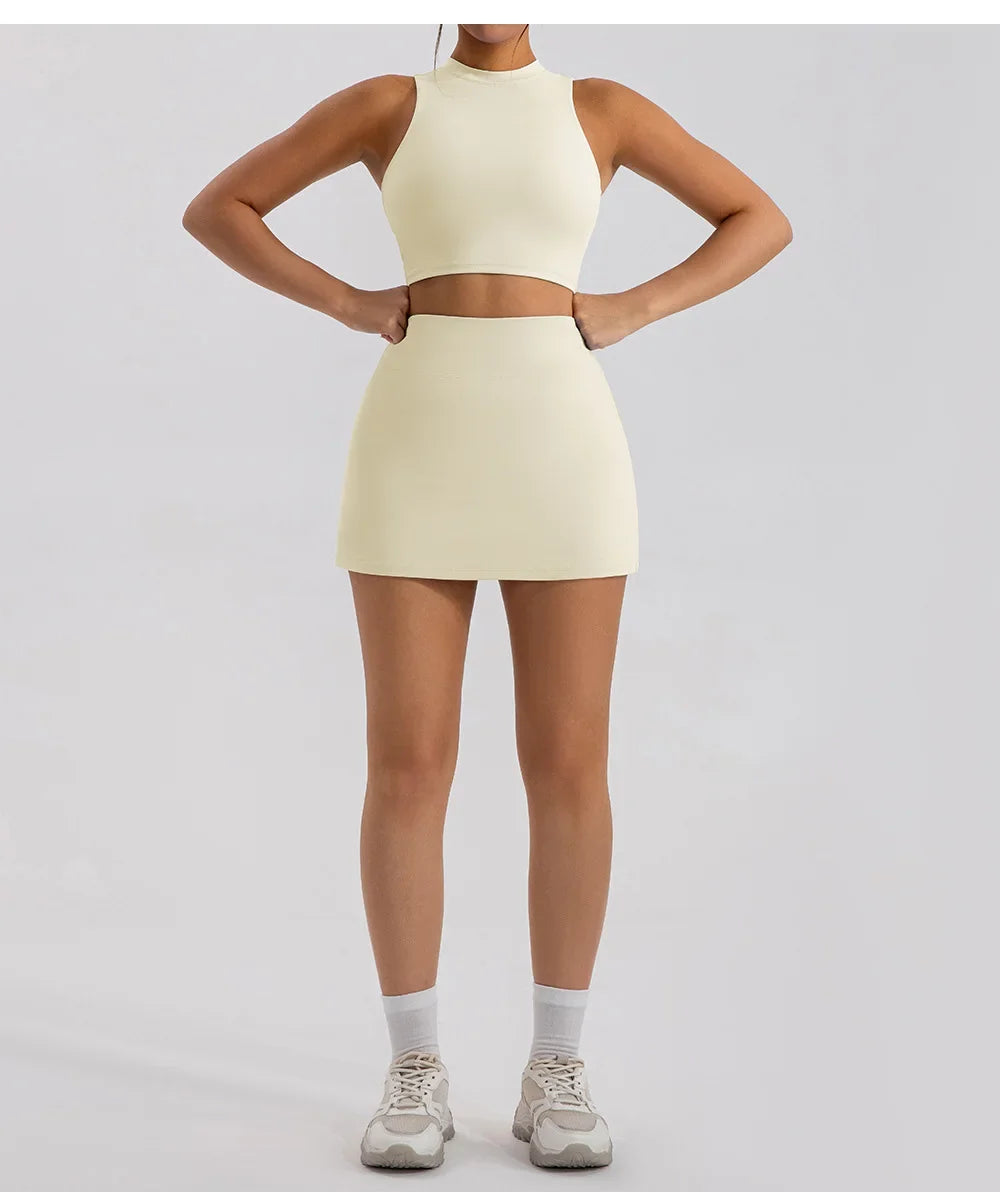 Sports Short Skirt Yoga Set 2PCS Women Tracksuit Gym Tennis Skirt Set Workout Sportswear Golf Dance Athletic Sport Suit