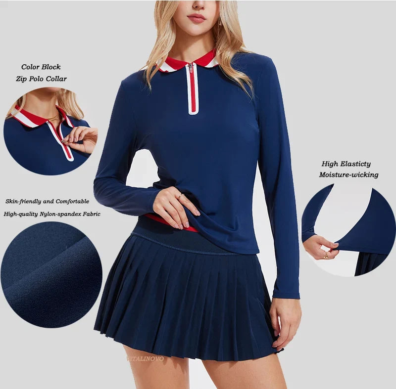 VITALINOVO Tennis Skirt Sets for Women Zipper Color Block Shirts High Waisted Golf Polo Two Piece Skirt Set Women 2 Piece Outfit