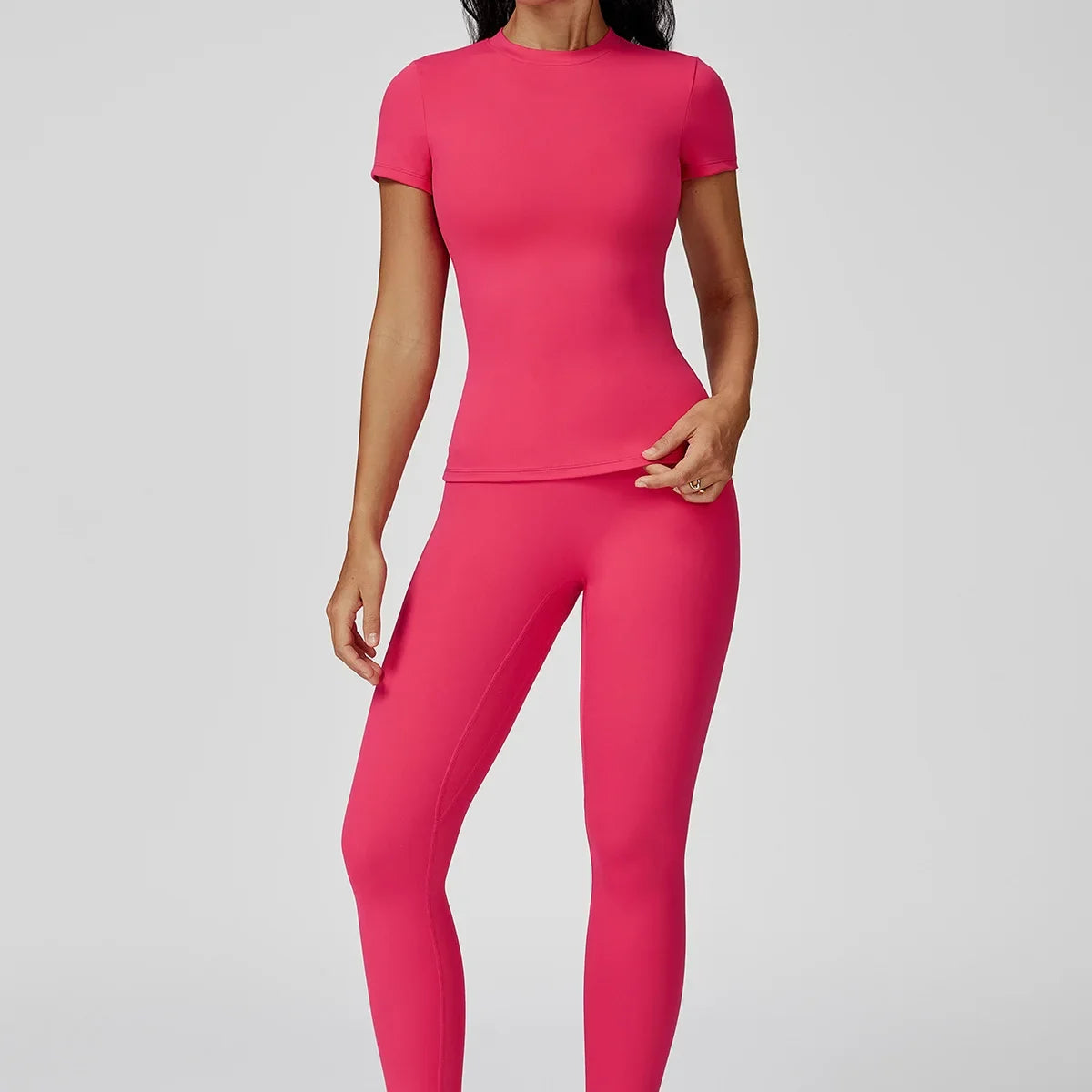 New Yoga Set Two Piece Women Short Sleeve Top with High Waist Leggings Seamless Workout Clothes Patchwork Sport Fitness Gym Sets