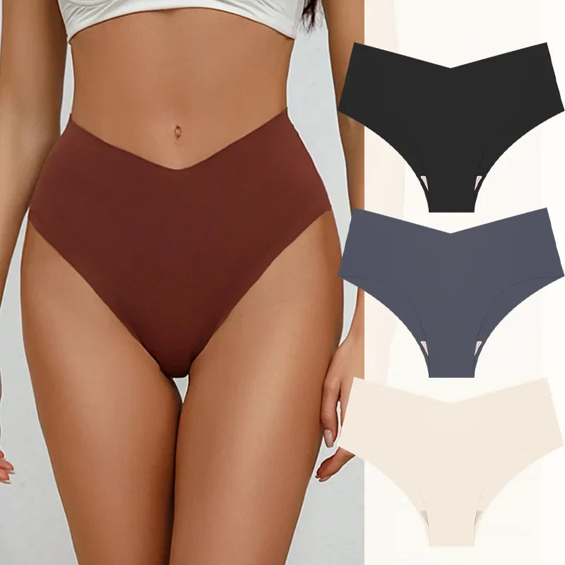 3PCS Women's Seamless Maillard Underwear Sexy V-Shaped Mid Waist Ice Silk Briefs 10 Soild Color Cozy Stretch Sexy Underpant S-XL