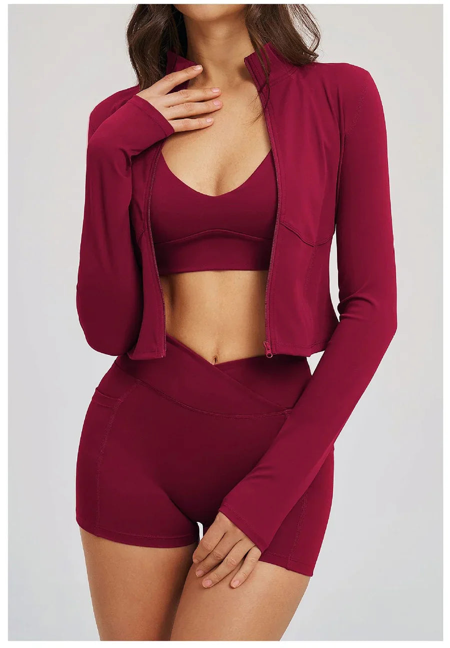 New 3 Pieces Yoga Set Women Workout Sportswear Gym Clothing Fitness Long Sleeve Crop Top Shorts Leggings Female Sport Bra Suits