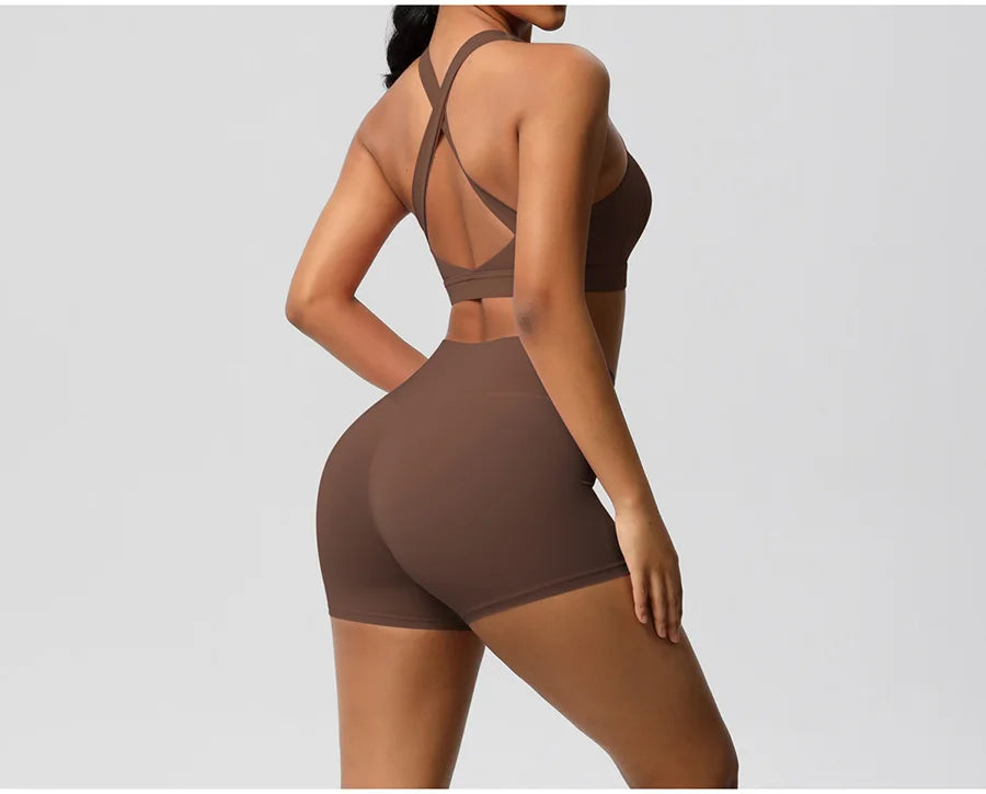 2PCS Yoga Set Women Gym Sports Suits Fitness Bra Crop Top Workout Clothes Female Athletic Wear Push Up Shorts Sportswear