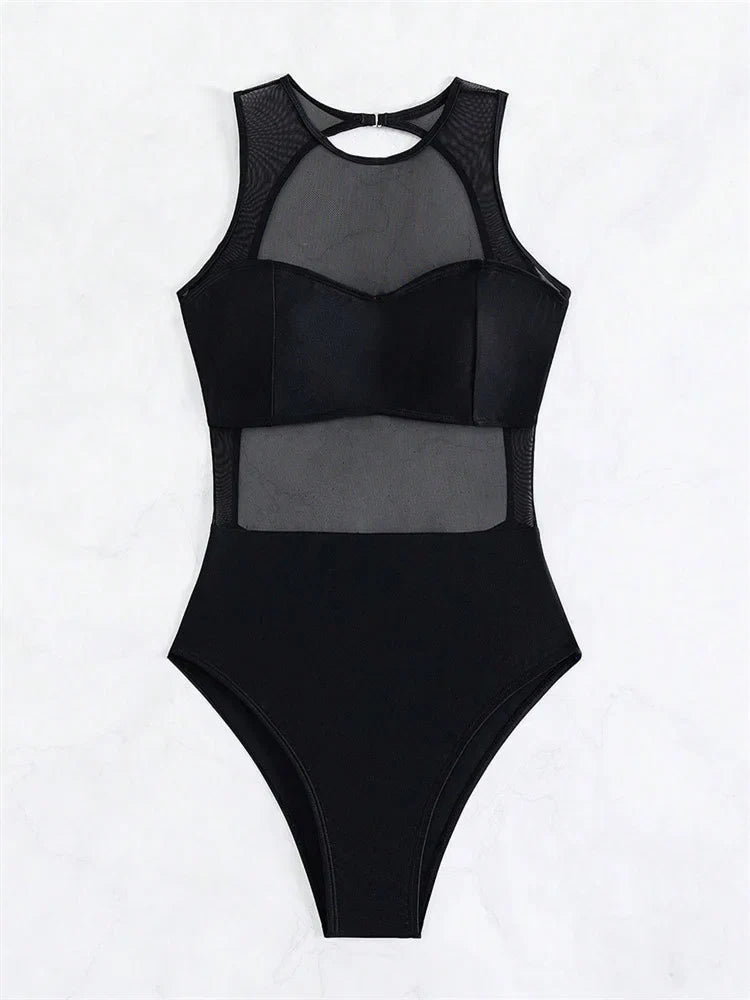 Sexy See Through One Piece Swimsuit 2025 Women Solid Black Mesh Transparent Hollow Out Backless Bathing Suit Swimwear Beachwear