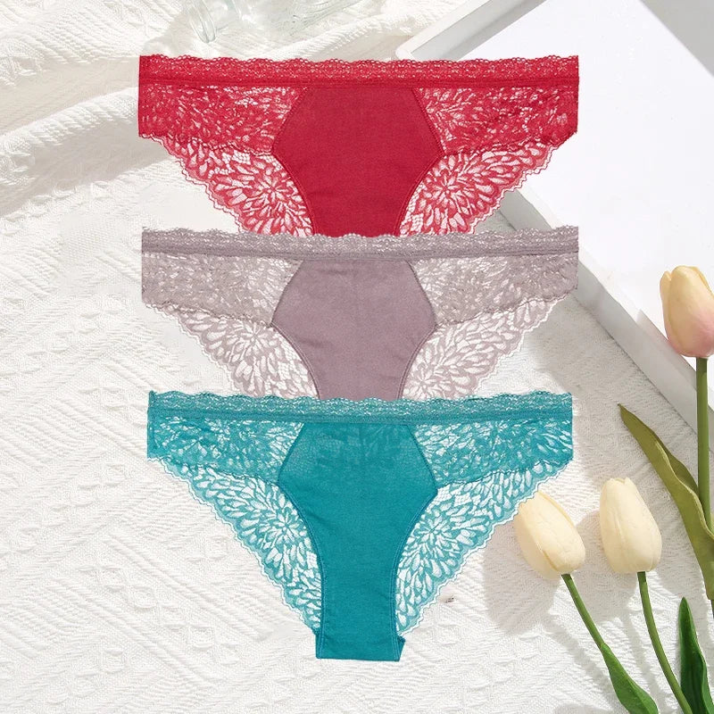 3Pcs/Set Seamless Lace Women Panties Transprant Hollow Out Low Waist Briefs Female Solid Soft Breathable Lingerie Underwear