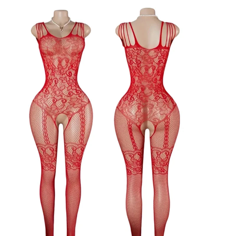 Transparent Fishnet Hollow Lingerie Set Women Hanging Neck Erotic Crotchless Bodystockings Open Bras BodySuits Hot Underwear Set