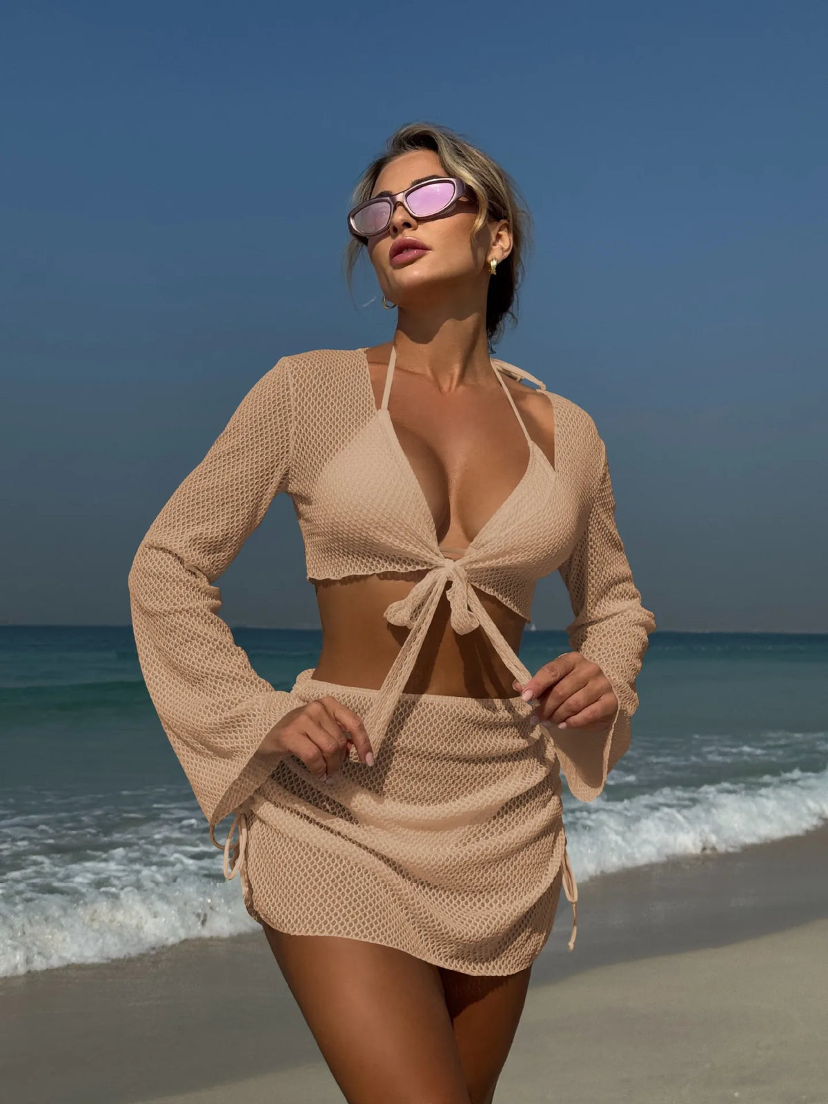 Summer Holiday 4 Piece Bikini Set 2025 Women Sexy White Long Sleeve Cover Up and Skirt Swimsuit Beach Bathing Suit Pool Swimwear