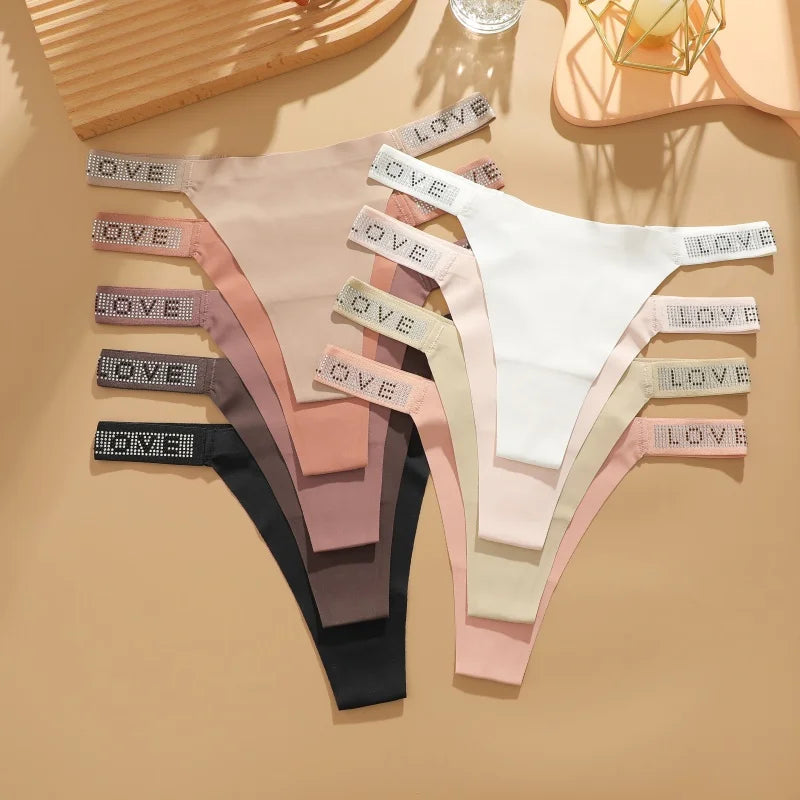 New Women's Smooth Low Waist Sexy Panties Women Thongs Rhinestones Letter Diamonds G-string Sports Thong Briefs T-back Shiny