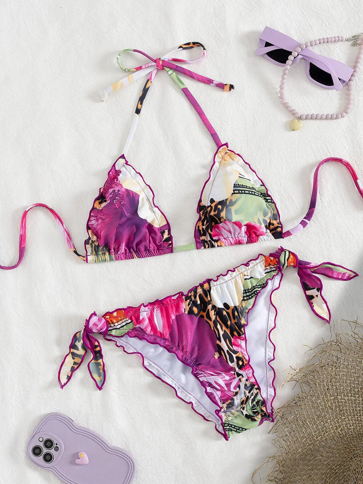 Cute Orange Floral Print Bikini Set Women Halter Ruffles Push Up Tie Side Thong Swimsuit 2026 Summer Bathing Suit Micro Swimwear