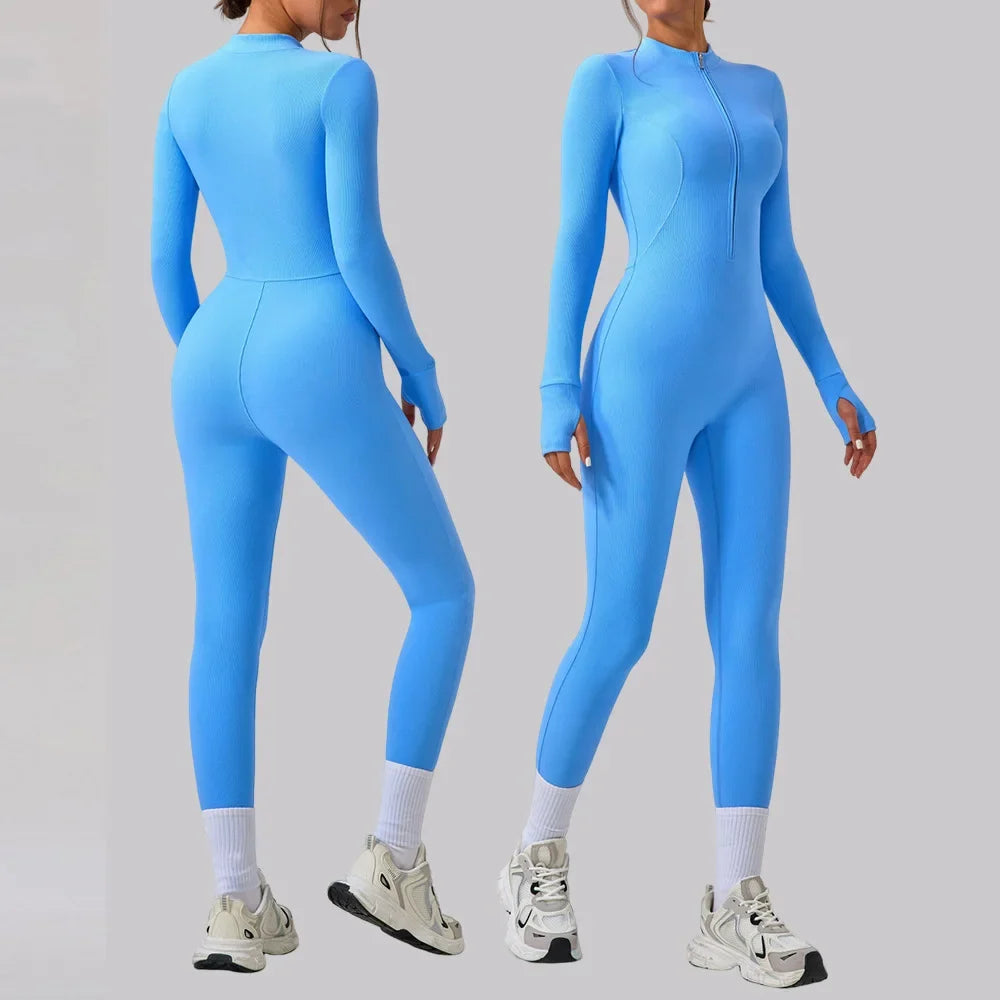 Women's Jumpsuits One-Piece Suit Yoga Set Zipper Long Sleeve Gym Push Up Workout Clothes Fitness Bodysuit Sportswear Tracksuit