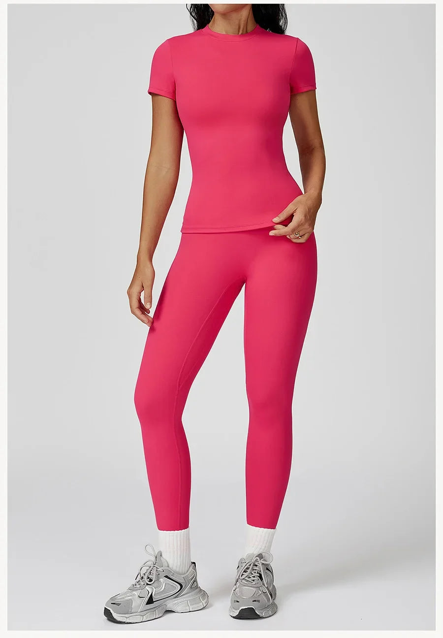New Yoga Set Two Piece Women Short Sleeve Top with High Waist Leggings Seamless Workout Clothes Patchwork Sport Fitness Gym Sets