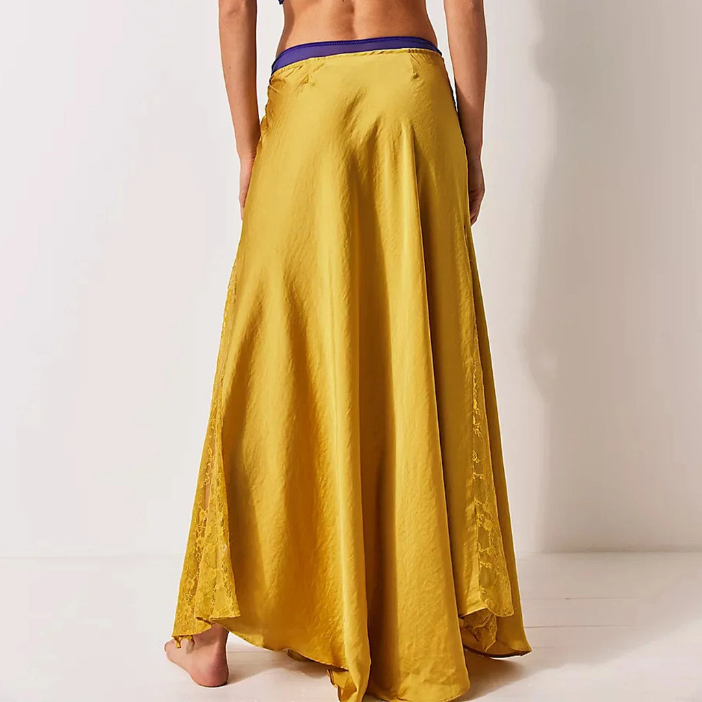 Solid Women Long Skirts Summer Elegant Low Waist Lace Satin Patchwork Skirts with Lace Flower Vintage Skirts Ball Gown Skirts