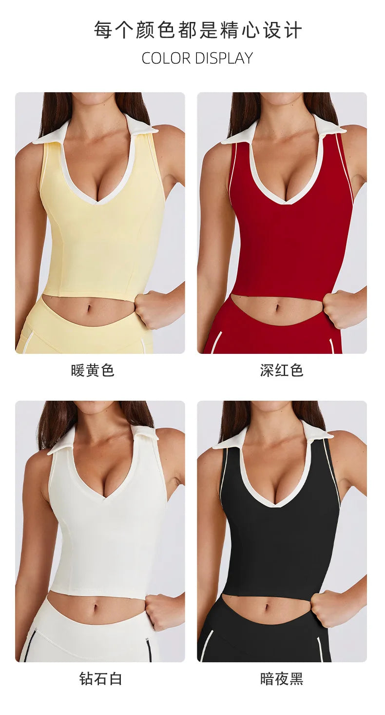 Colorblock V-Neck Tank Top with Built-In Bra Quick-Dry Breathable Sports Bra for Women Running Pilates Gym Yoga Workout