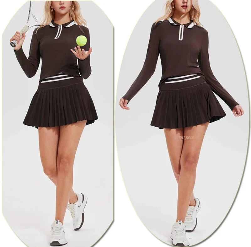 VITALINOVO Tennis Skirt Sets for Women Zipper Color Block Shirts High Waisted Golf Polo Two Piece Skirt Set Women 2 Piece Outfit