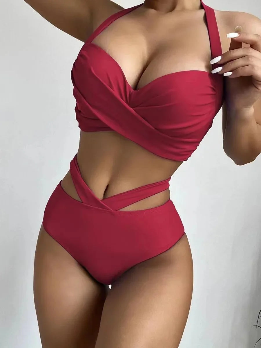 2024 Sexy Push Up Bikini High Waist Swimsuits Twisted Swimwear Women New Solid Biquini Halter Bathing Suit Cut Out Beach Wear