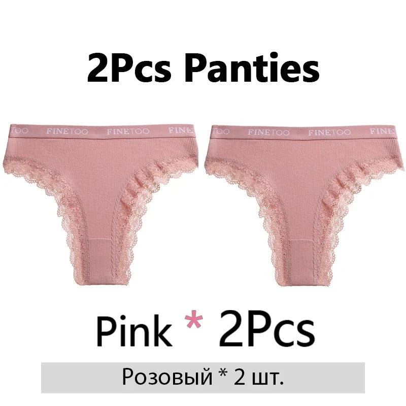FINETOO 2Pcs/Set Women Cotton Brazilian Panties Plus Size M-2XL Lingerie Sexy Lace Underwear Low Rise Girls Intimates Underpants