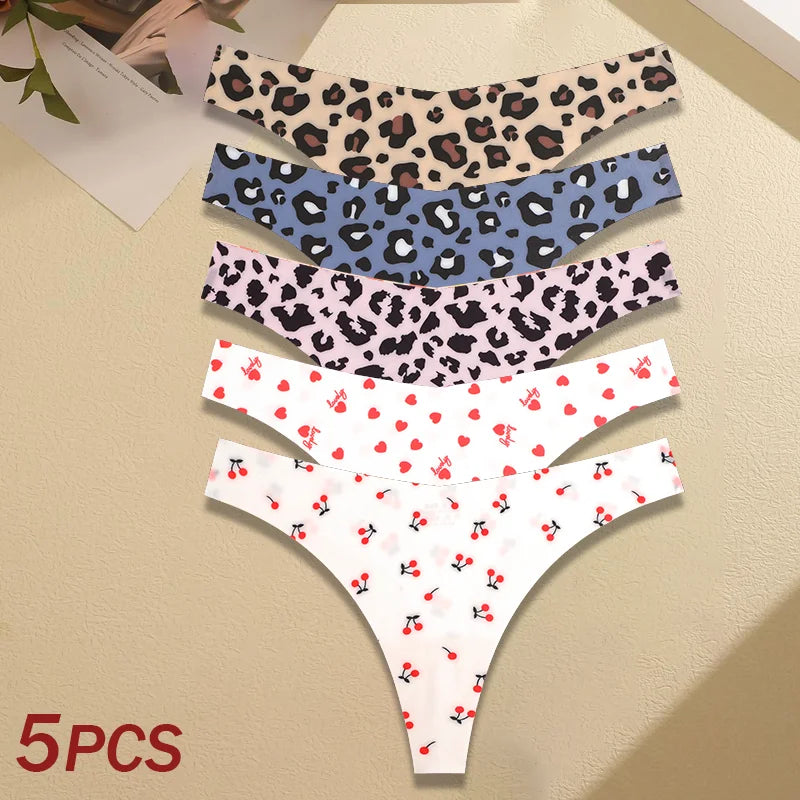 5Pcs Women Ultra-thin Seamless G-string Seamless Print Thongs Sexy Panties Ladies Soft Cute Thongs Female S-XL T-Back Panties
