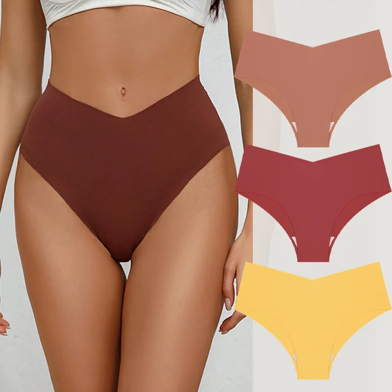 3PCS Women's Seamless Maillard Underwear Sexy V-Shaped Mid Waist Ice Silk Briefs 10 Soild Color Cozy Stretch Sexy Underpant S-XL