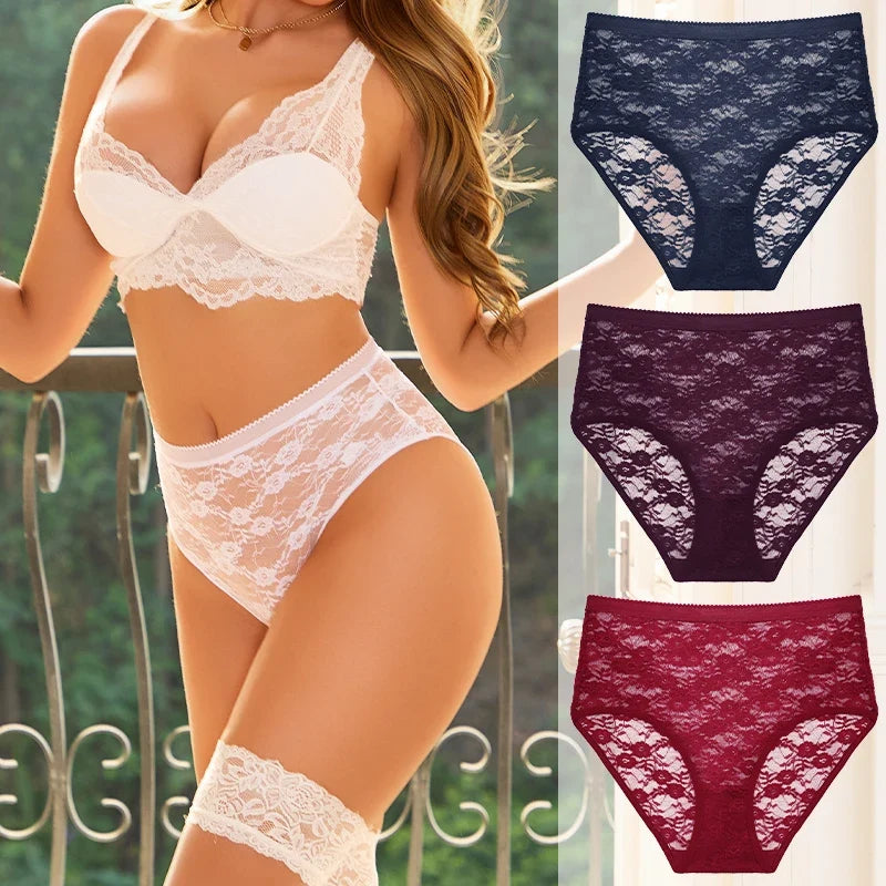 FINETOO 3PCS Women Lace Panties Sexy Hollow Underpants Sexy High Waist Lace Panty Elegant& Romantic Ladies Breathable Underwear