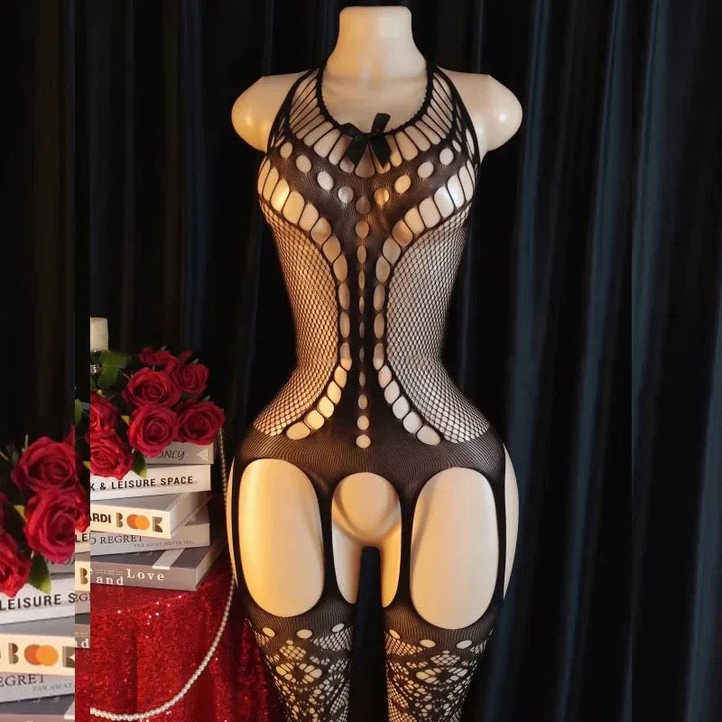 Transparent Fishnet Hollow Lingerie Set Women Hanging Neck Erotic Crotchless Bodystockings Open Bras BodySuits Hot Underwear Set