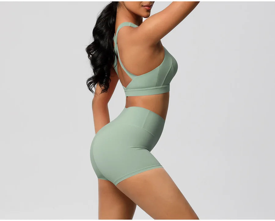 2PCS Yoga Set Women Gym Sports Suits Fitness Bra Crop Top Workout Clothes Female Athletic Wear Push Up Shorts Sportswear