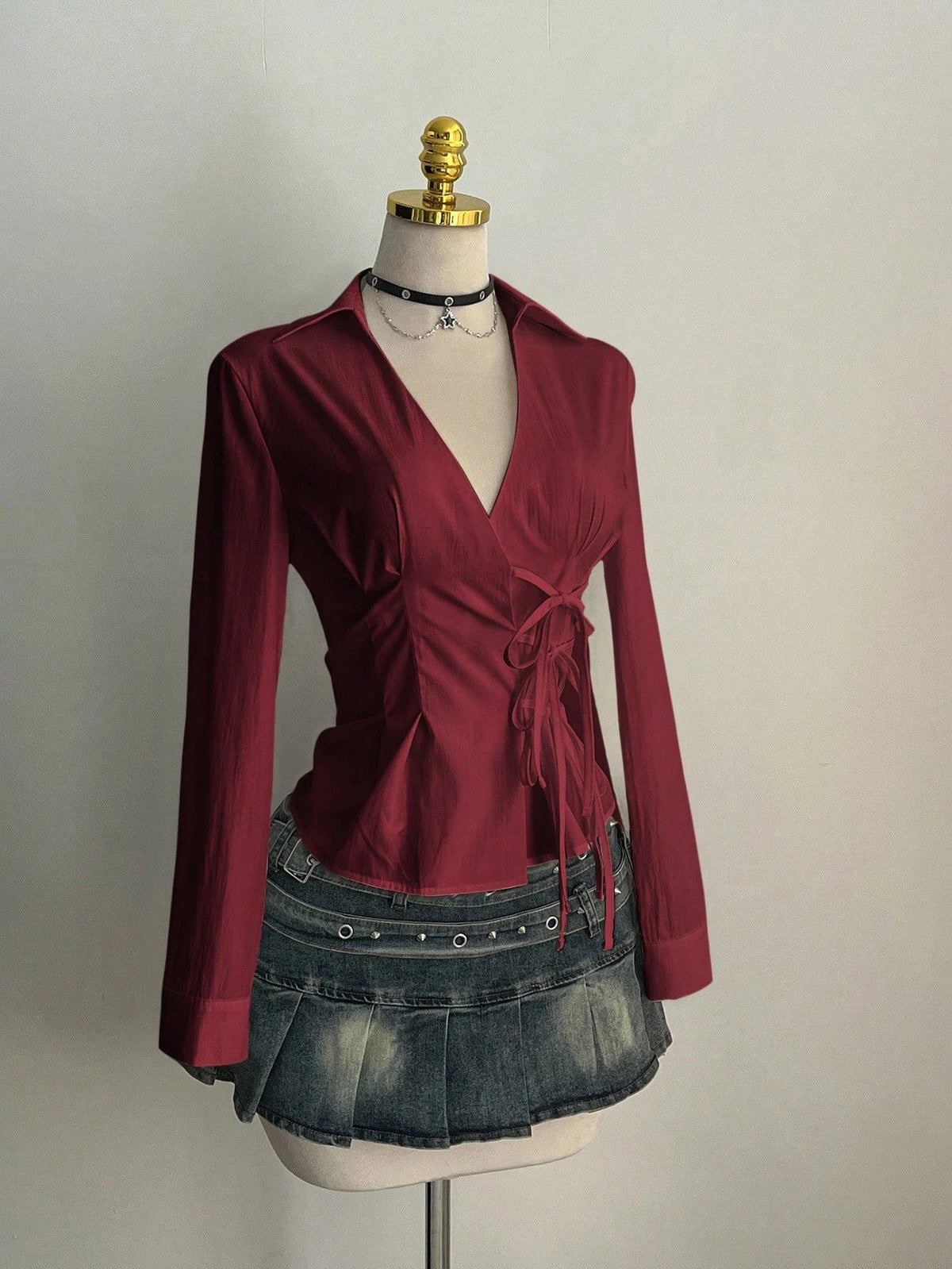 Women's Casual Side Strap Slim Fit Long Sleeve Shirt Sexy V-Neck Pleating Top Spring/Fall 2026