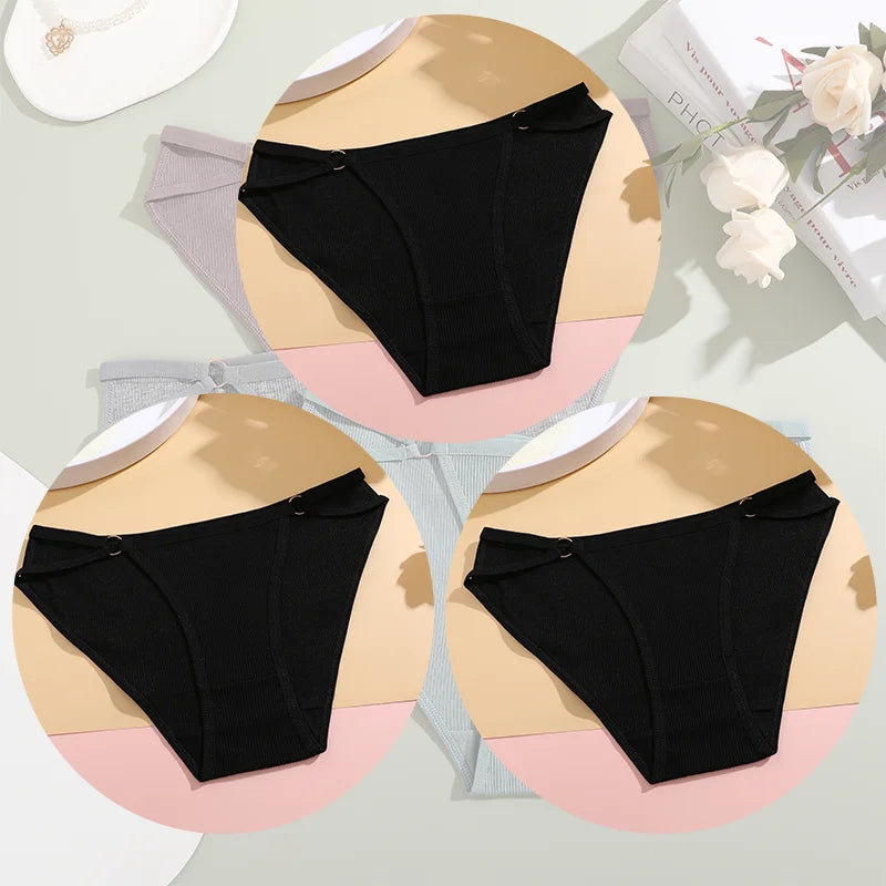 3Pcs Women Cotton Lingerie Sexy Soft Fashion Panties Femme Buckle Design Underwear Pantys Underpant Lingerie Lace Intimates S-XL