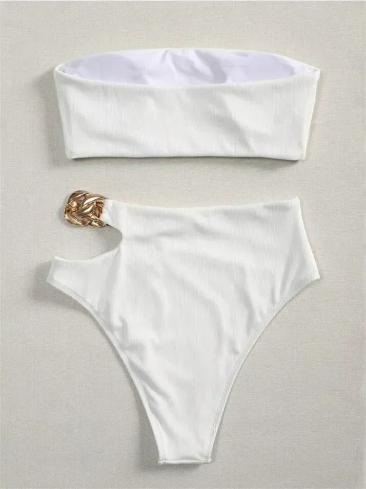 Bandeau Bikini 2025 Women Sexy White Black Cut Out Metal High Waist Swimsuit Female Off Shoulder Bathing Suit Swimwear Beachwear