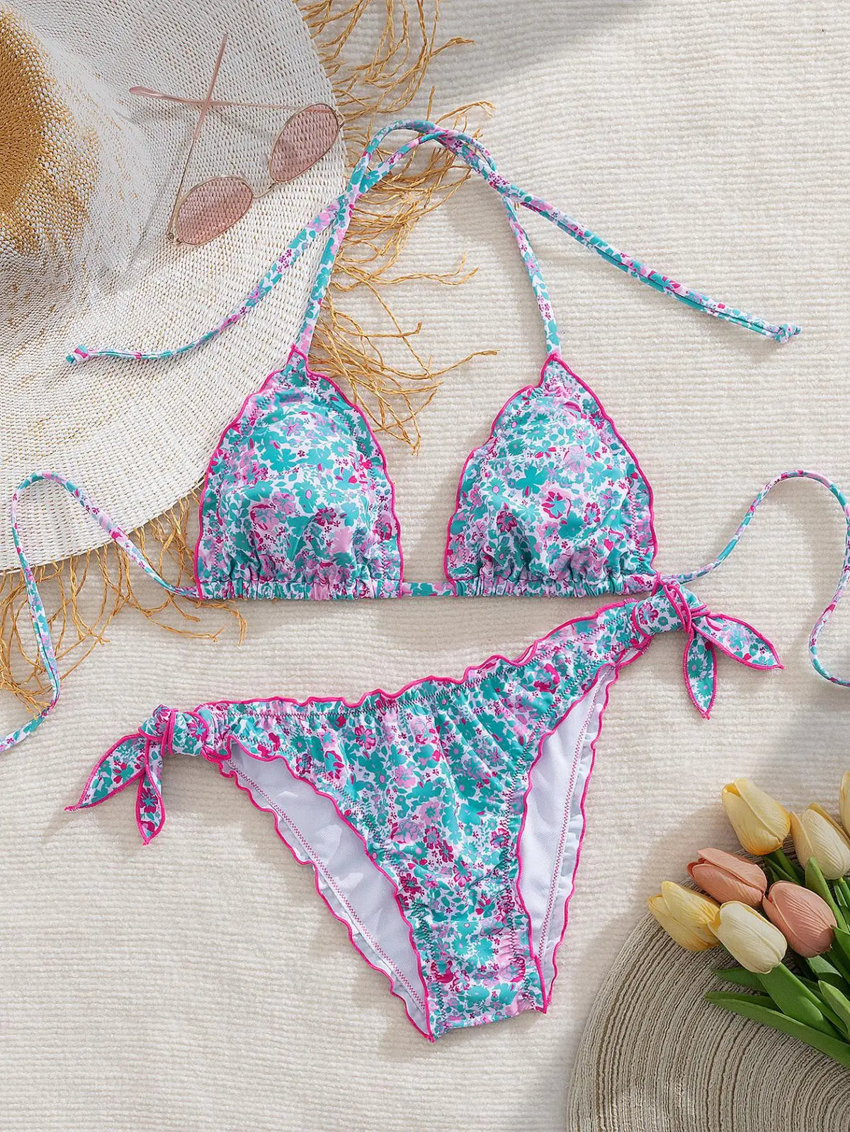Cute Orange Floral Print Bikini Set Women Halter Ruffles Push Up Tie Side Thong Swimsuit 2026 Summer Bathing Suit Micro Swimwear