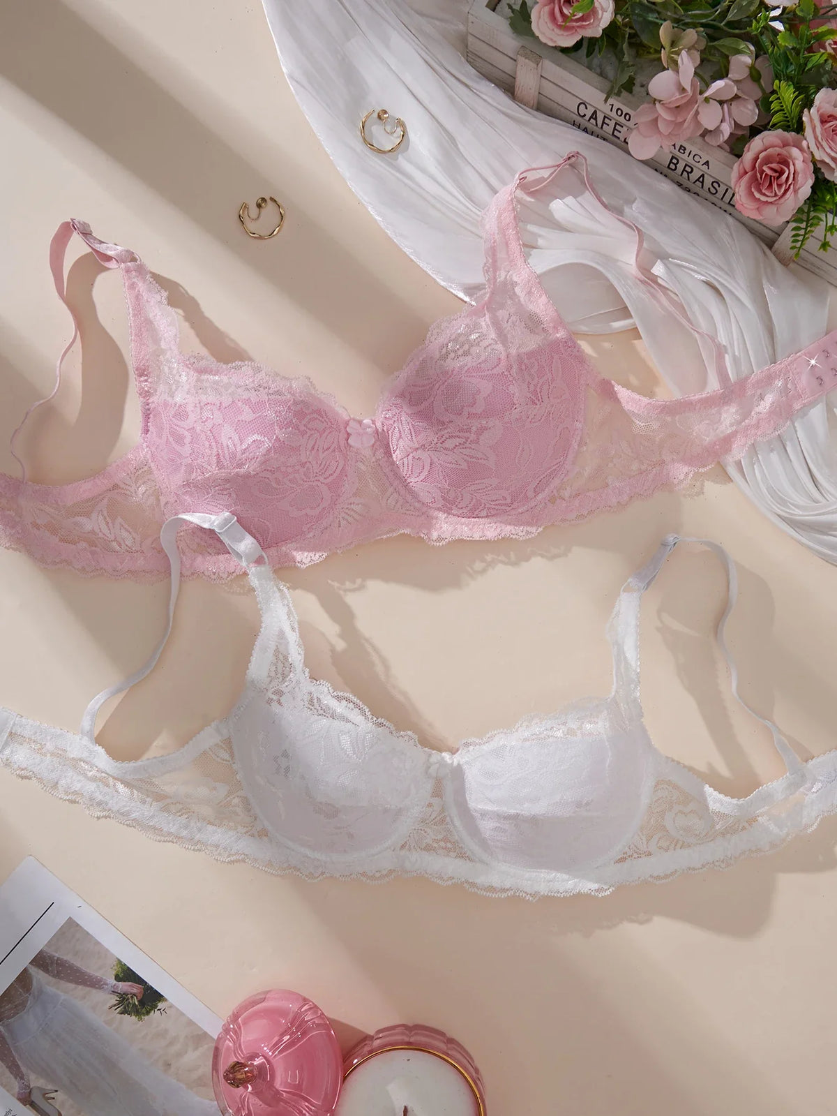2Pcs Set Women's Sexy Bras Thin Lace Underwire Push-Up Soft Bra Adjustable Women's Underwear Set No Lining Breathable Comfortable
