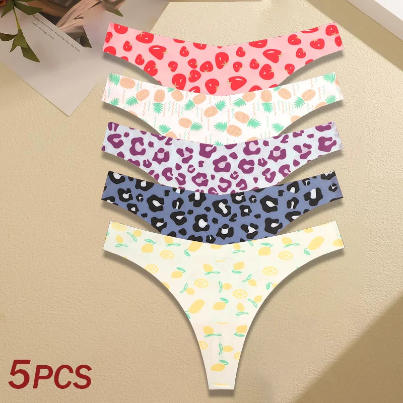 5Pcs Women Ultra-thin Seamless G-string Seamless Print Thongs Sexy Panties Ladies Soft Cute Thongs Female S-XL T-Back Panties