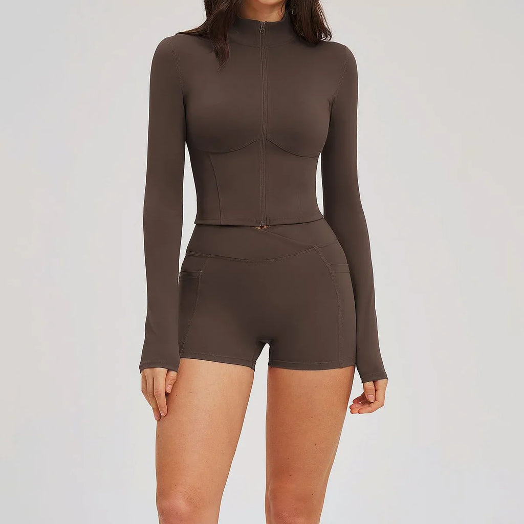 Yoga Suit Women Tracksuit Long-sleeved Jacket Shorts Suit Outfit Gym 2PCS Set Fitness Running Workout Clothes Push Up Sportswear