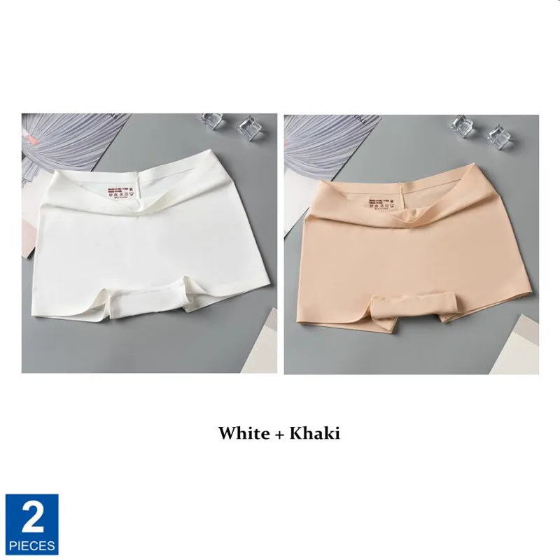 2pcs Seamless Women Boxers Underwear Ice Silk Shorts Solid Color Ladies Soft Boyshorts Plus Size M/L/XL