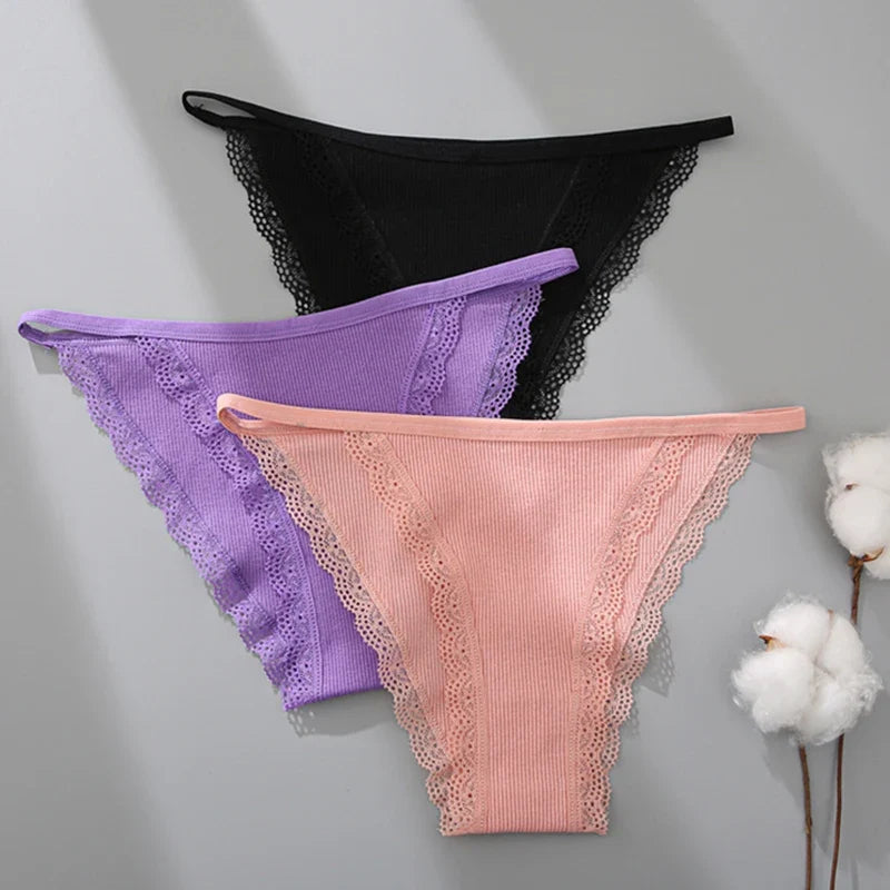 3PCS Women‘s Cotton Lace Panties Low Waist Briefs Comfortable Underwear Ladies Solid Color Underpants Girls Breathable Panty New