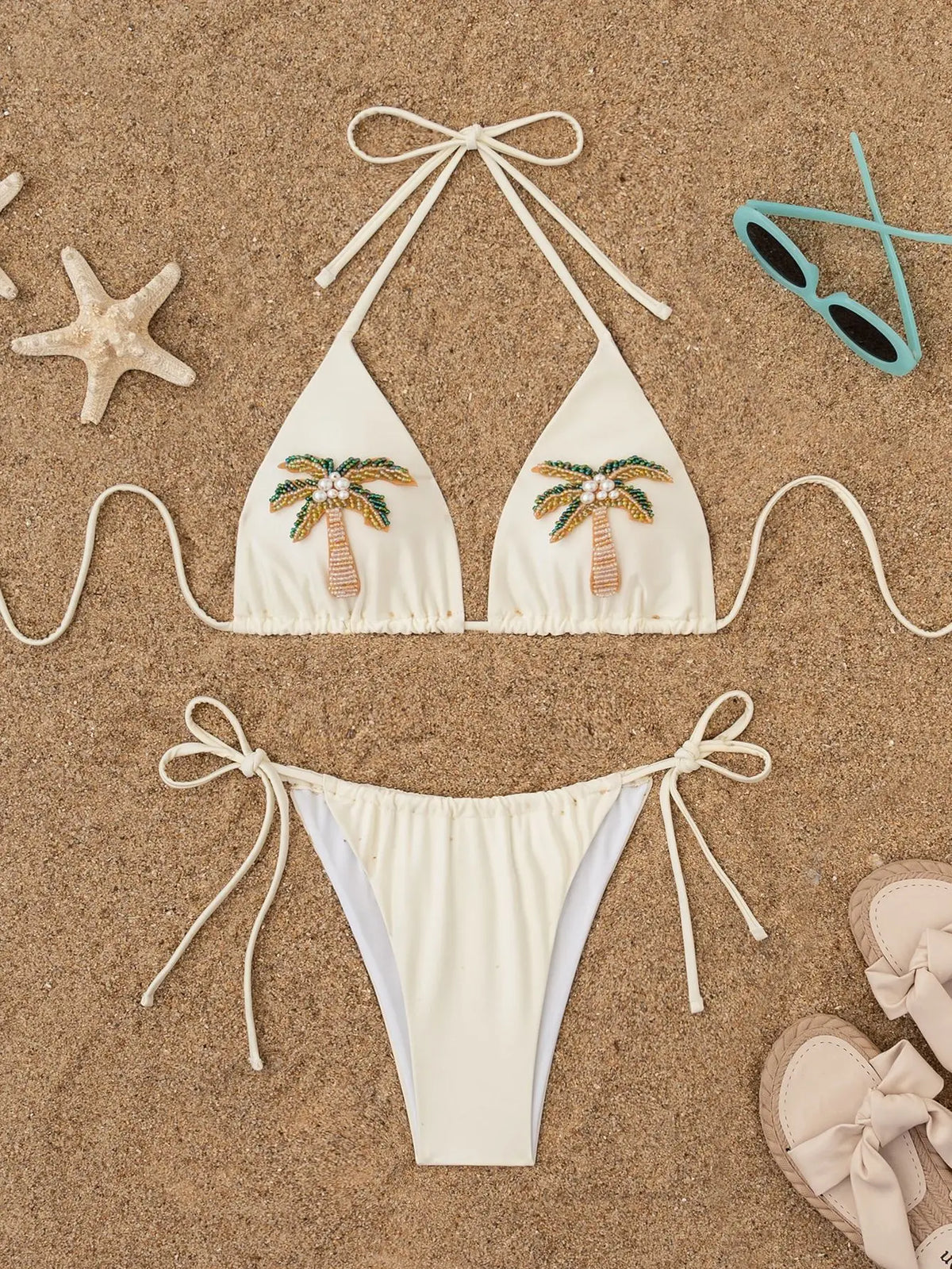 Sexy Beige 3D Pearls Coconut Tree Bikini Set 2025 Women Halter Push Up Pleate Thong Swimsuit Beach Bathing Suit Micro Swimwear
